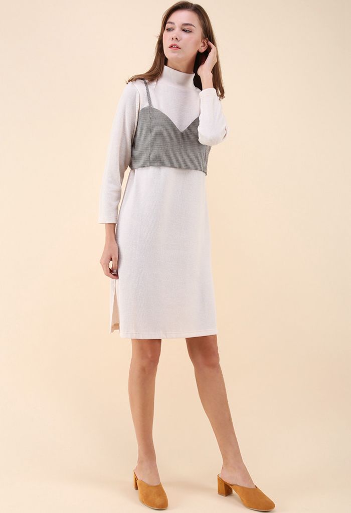 Houndstooth Fake Two-Piece Knit Dress in Cream
