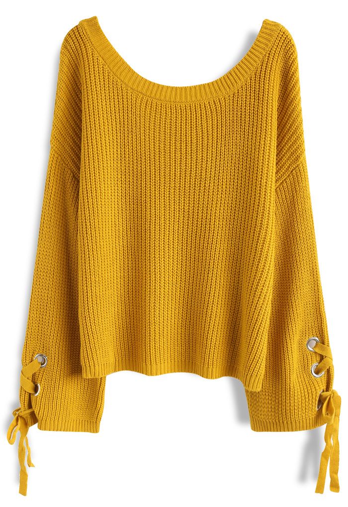 Leisure Moment Lace-Up Sleeves Ribbed Knit Sweater in Mustard