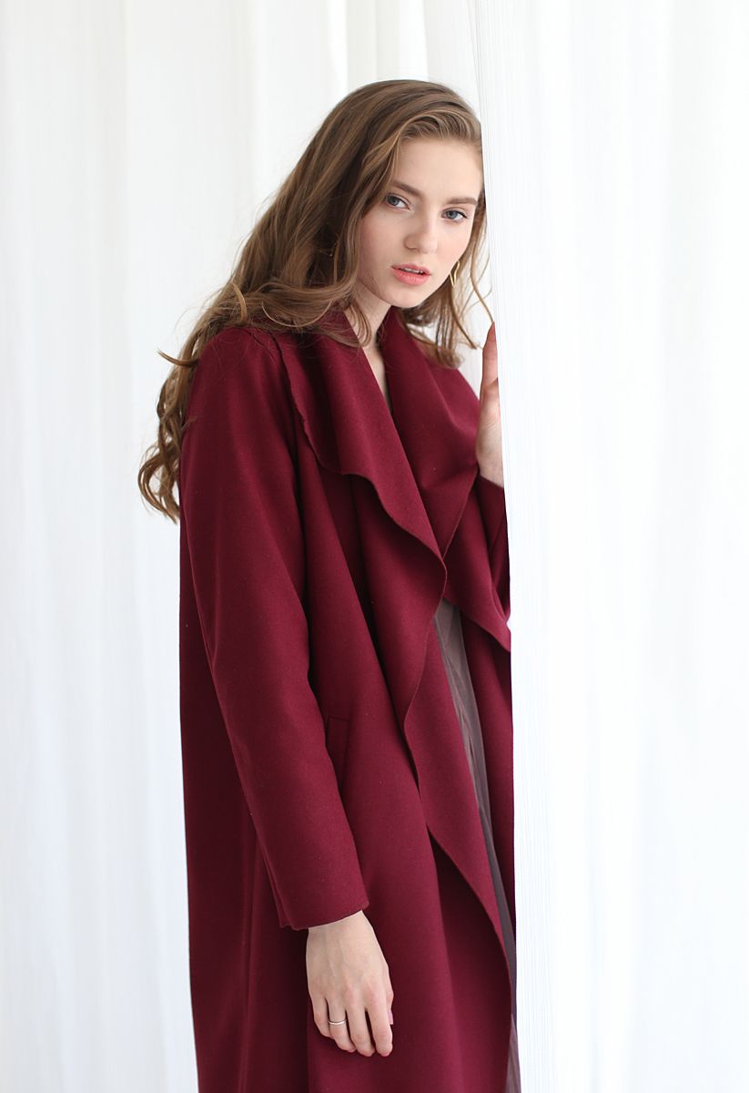 Free Myself Open Front Wool-Blend Coat in Wine