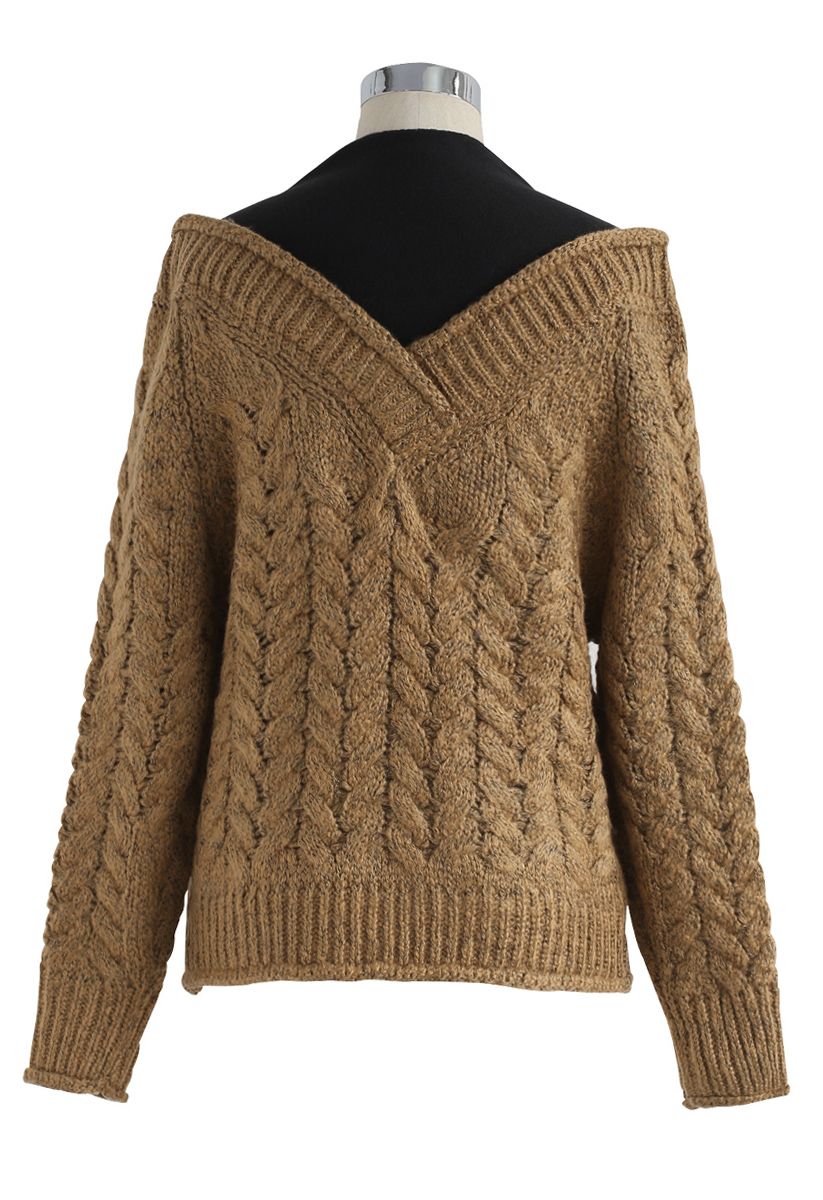 Cozy Fizz Fake Two-Piece Cable Knit Sweater in Camel