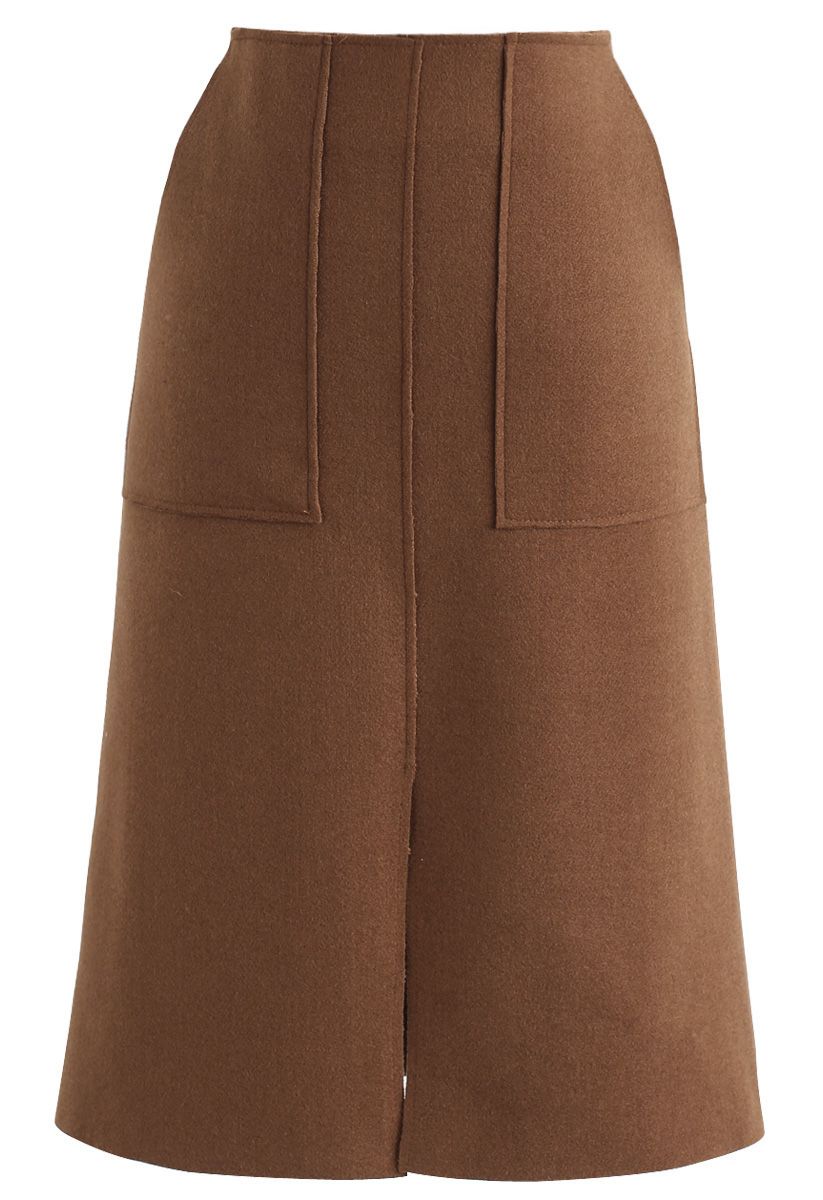Pocket of Charm Wool-Blend Pencil Midi Skirt in Tan