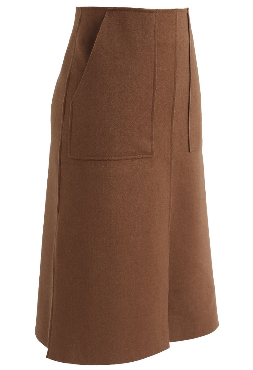 Pocket of Charm Wool-Blend Pencil Midi Skirt in Tan