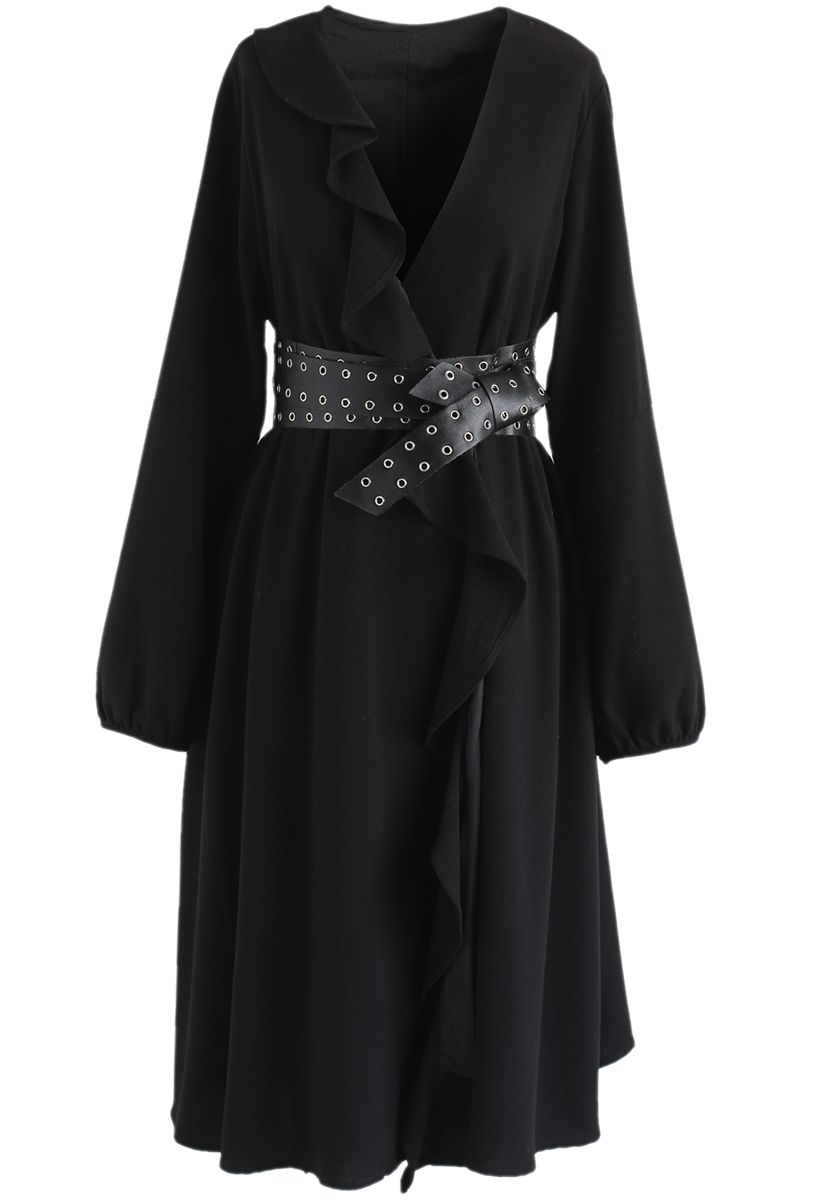 So Trendy Ruffle Coat Dress in Black