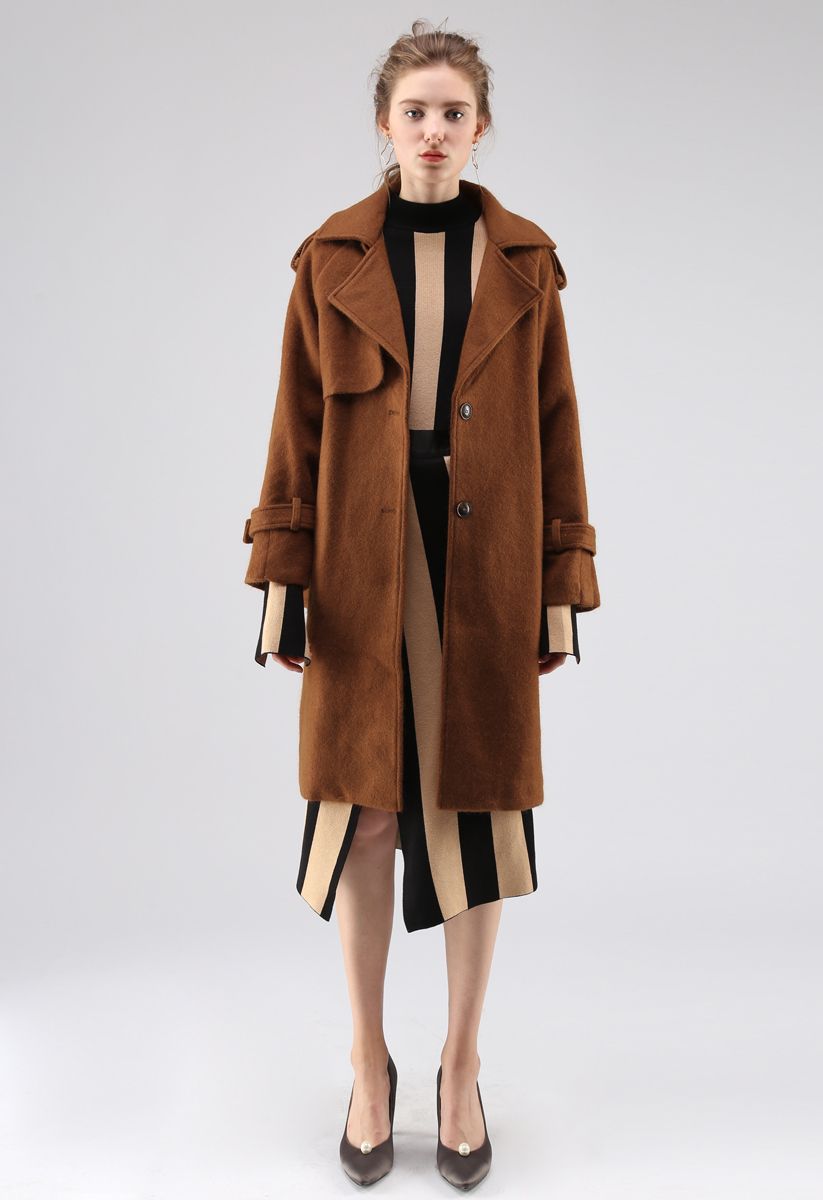 Fuzzy Touch Longline Wool-Blend Coat in Brown