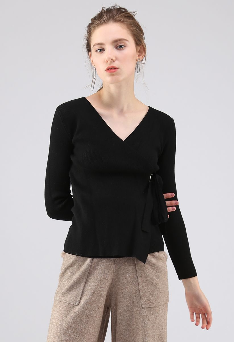Delightful Charm Wrapped Knit Top in Black