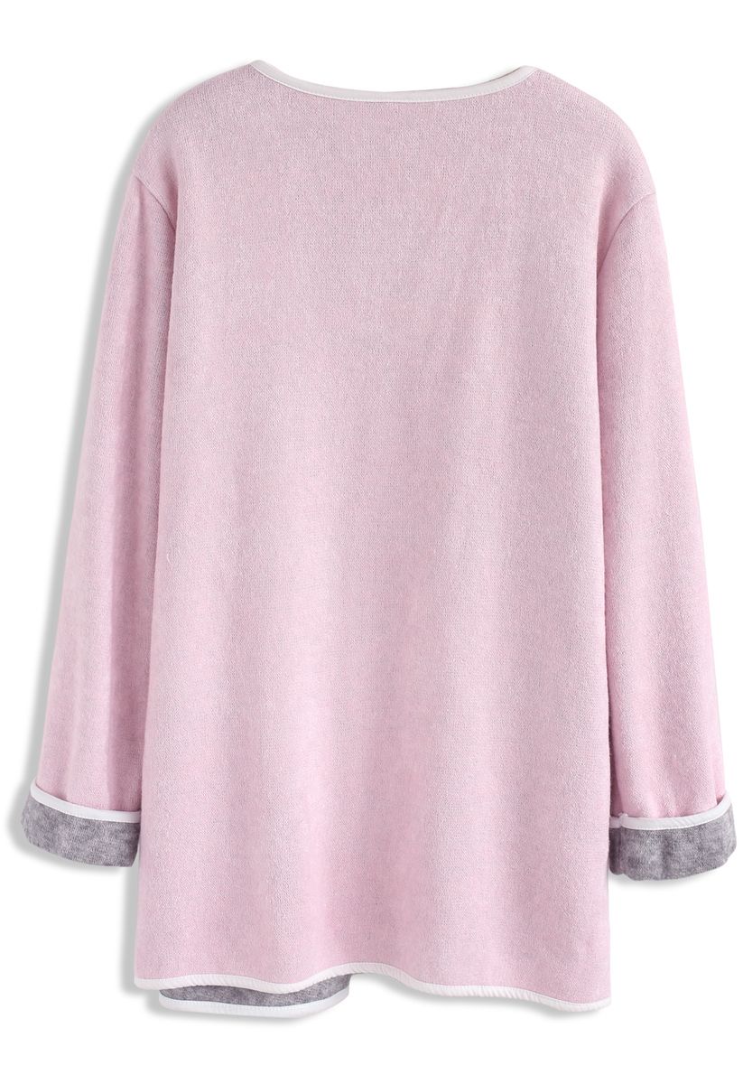 Comfy Contrast Open Front Knit Coat in Pink