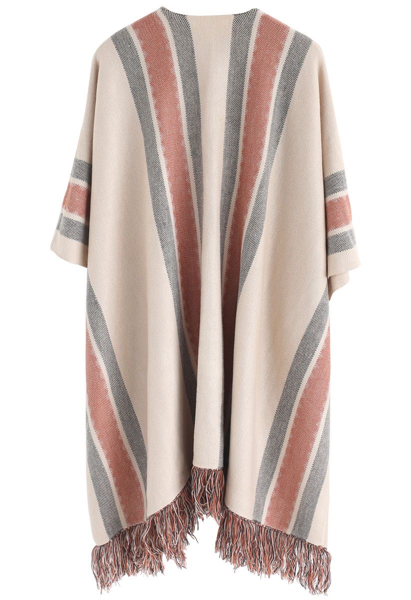 Stylish Folk Stripe Tassel Knitted Cape in Tan