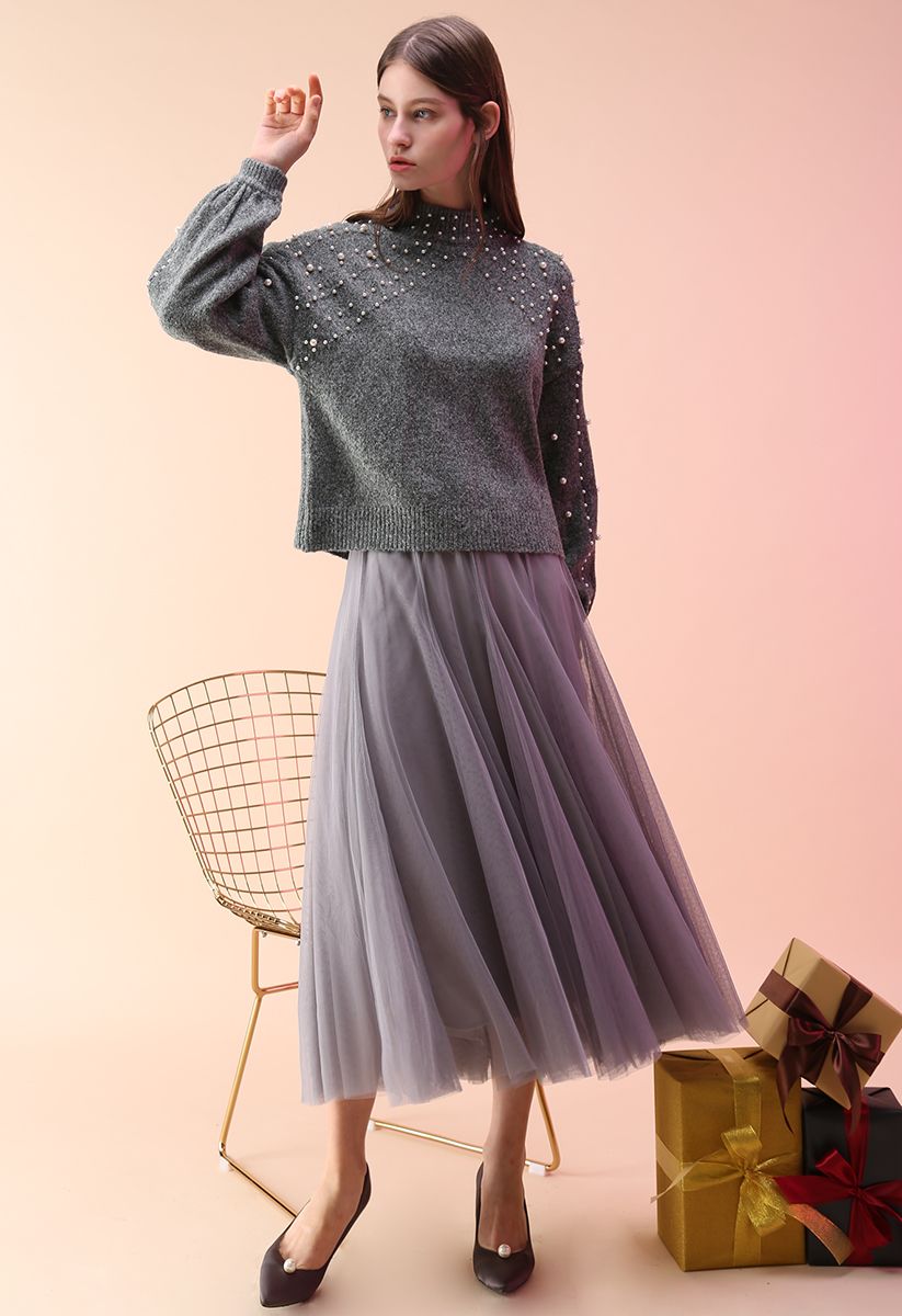 Radiant Pearls Knit Sweater in Grey