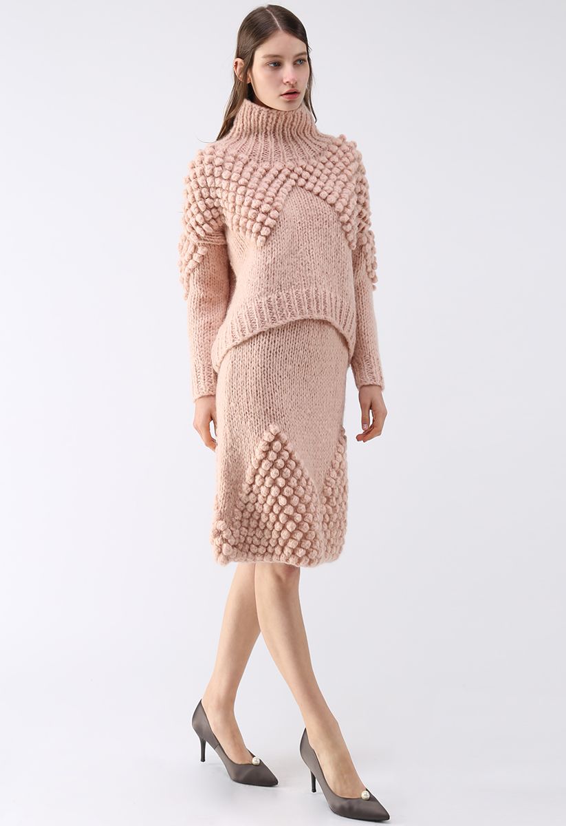 As Peppy As You Are Pom-Pom Turtleneck Sweater and Skirt Set 