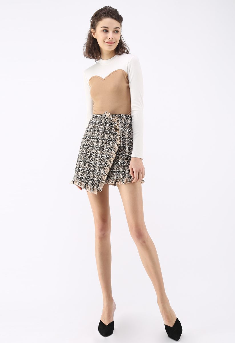 Glittery Grid Asymmetric Tweed Flap Skirt in Tan