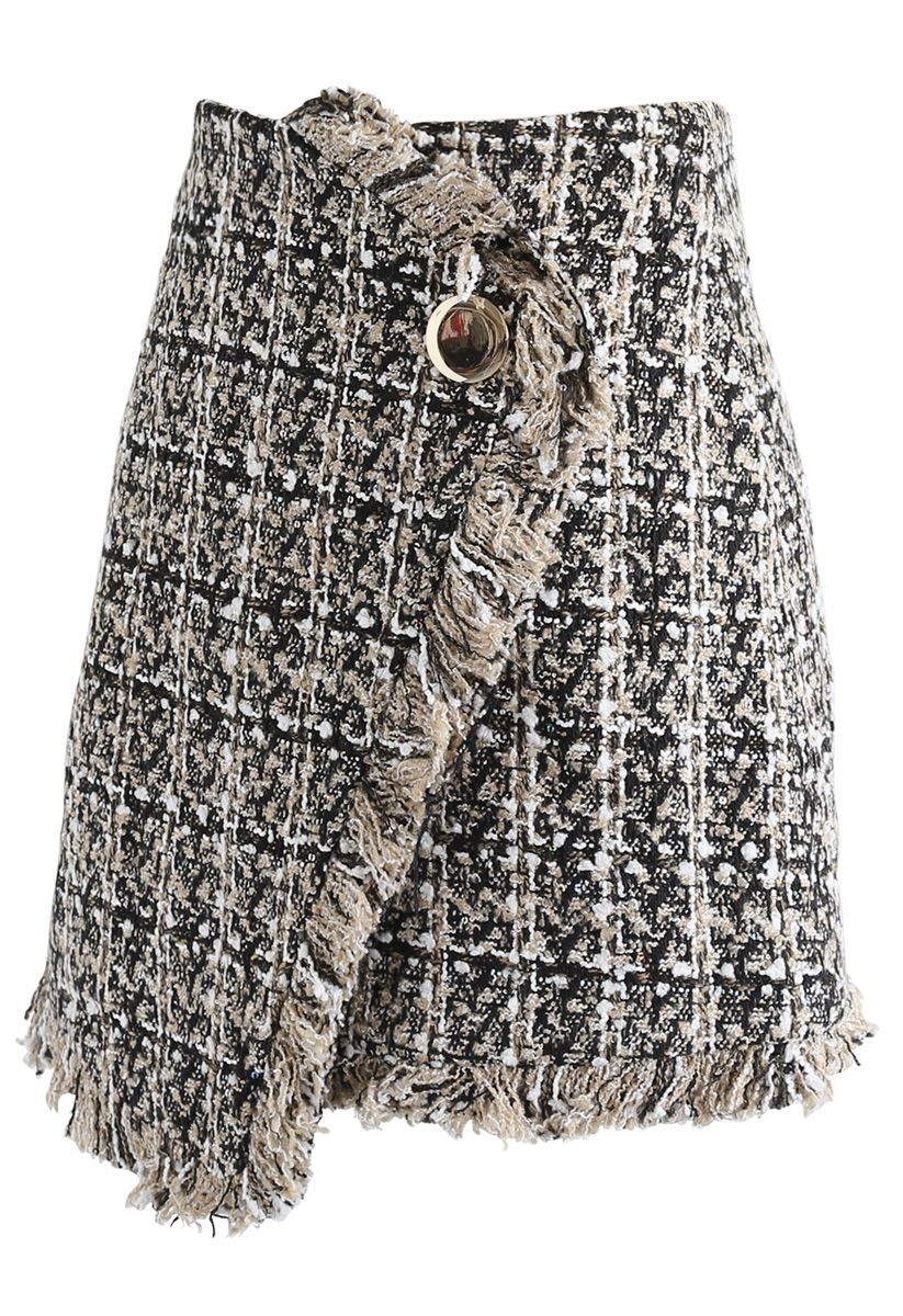 Glittery Grid Asymmetric Tweed Flap Skirt in Tan