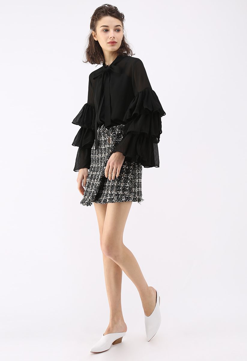 Sweet Impressions Tiered Sleeves Chiffon Top in Black
