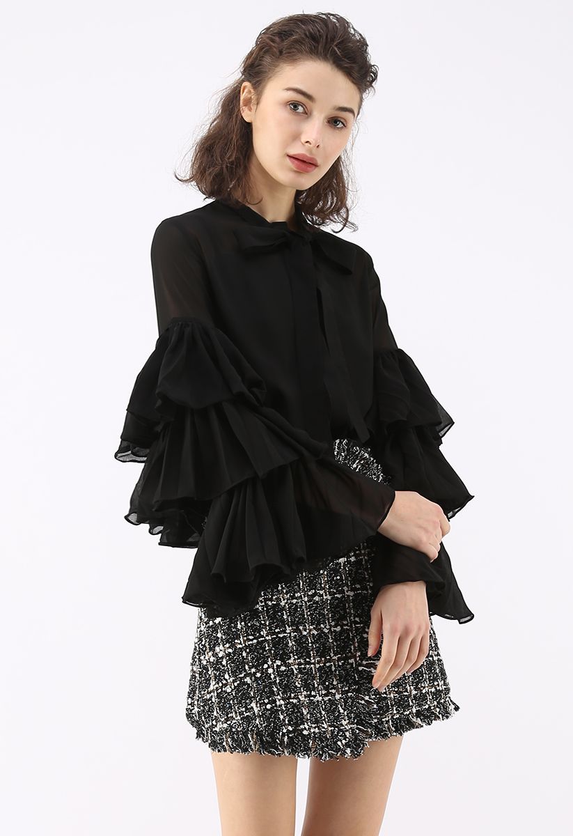 Sweet Impressions Tiered Sleeves Chiffon Top in Black
