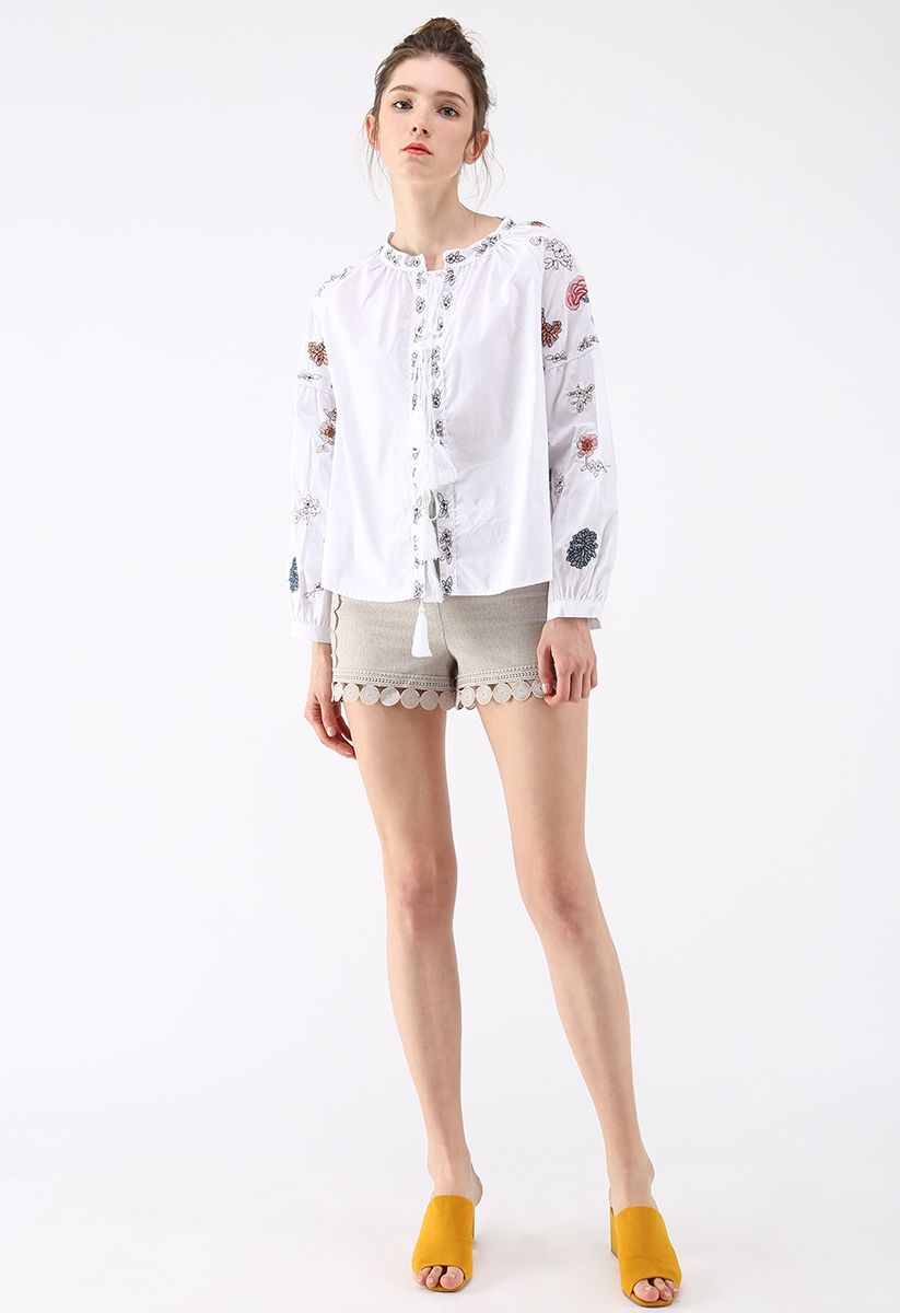 Vivacious Boho Flowers Embroidered Top in White