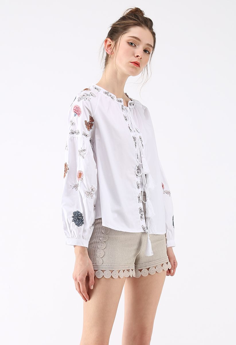 Vivacious Boho Flowers Embroidered Top in White