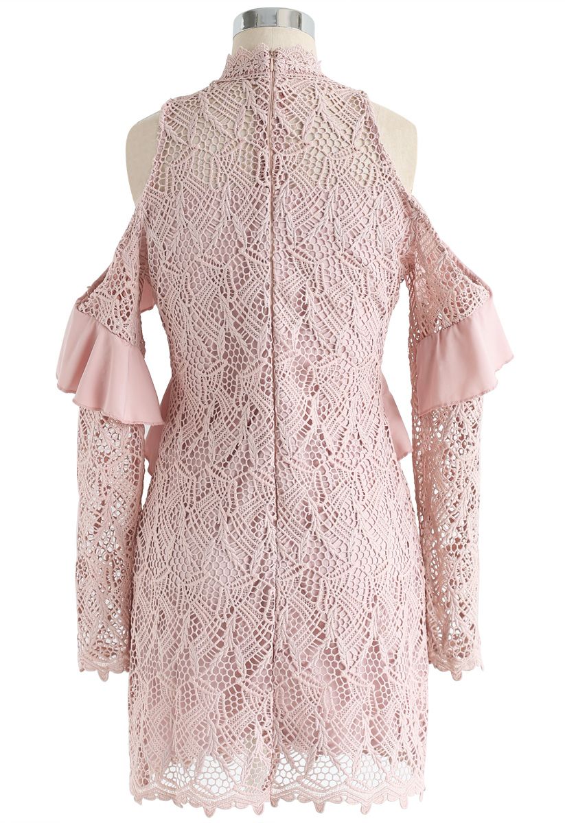 Leaves Fantasy Cold-Shoulder Crochet Shift Dress in Pink