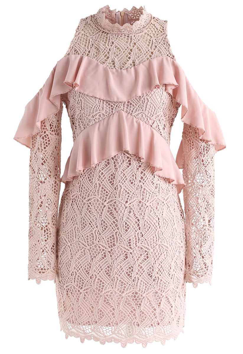 Leaves Fantasy Cold-Shoulder Crochet Shift Dress in Pink