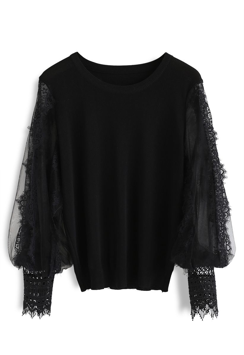Romantic Sample Mesh Bubble Sleeves Sweater in Black