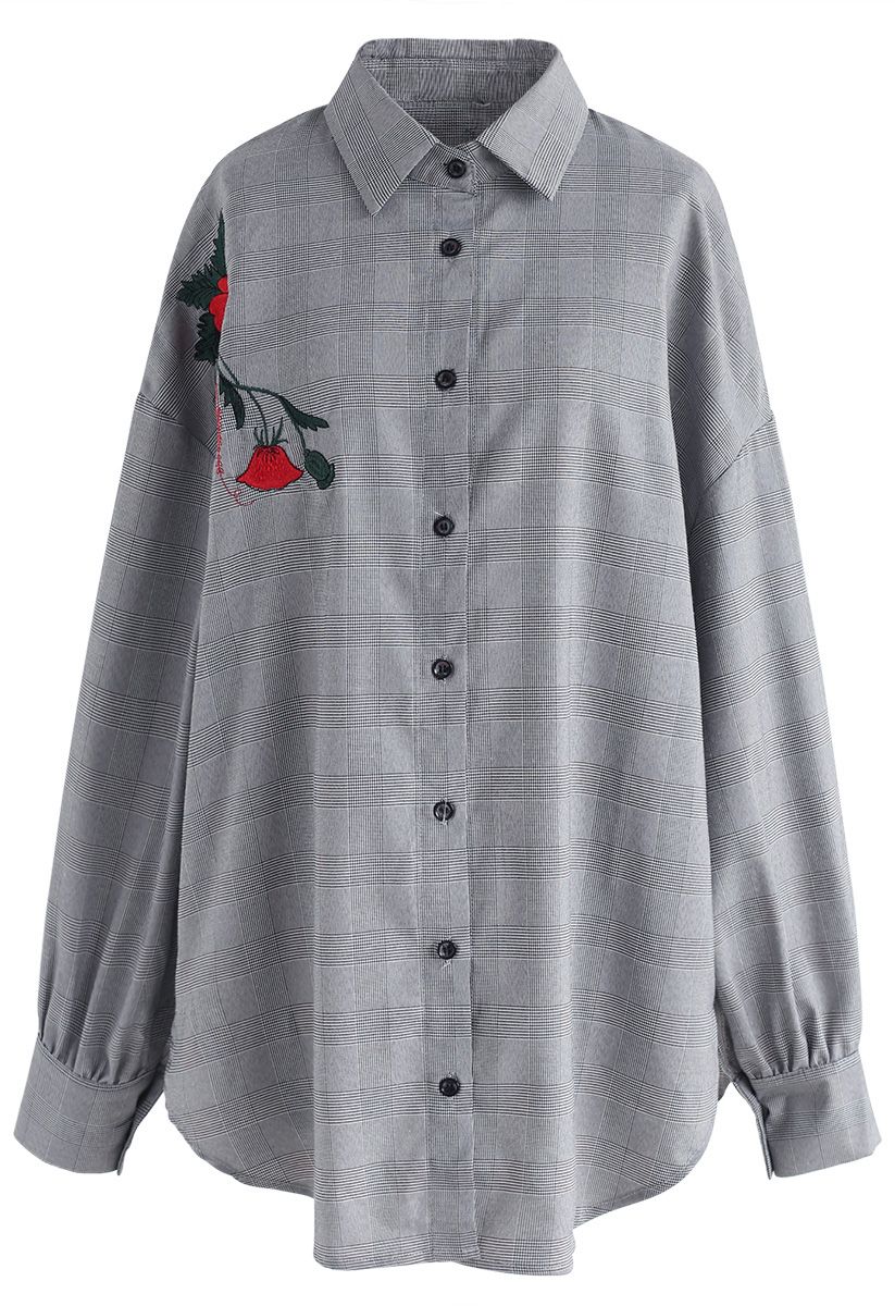 Check Whim Floral Embroidered Oversize Shirt