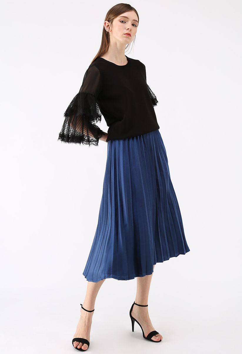 Silky Glam Pleated A-line Skirt in Royal Blue