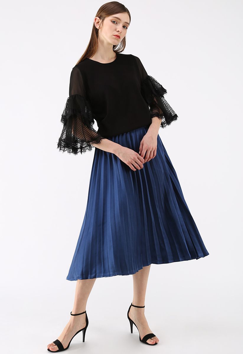 Silky Glam Pleated A-line Skirt in Royal Blue