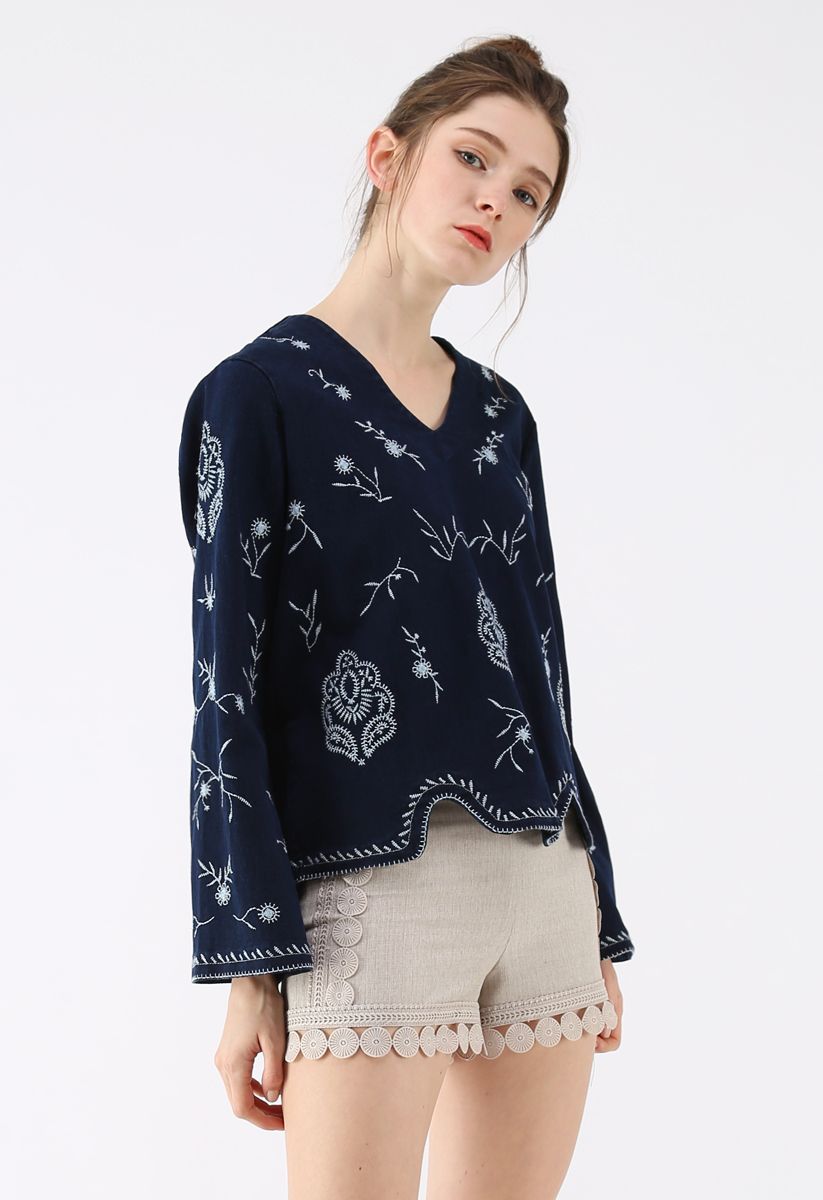 Follow the Trend Floral Embroidered V-Neck Denim Top