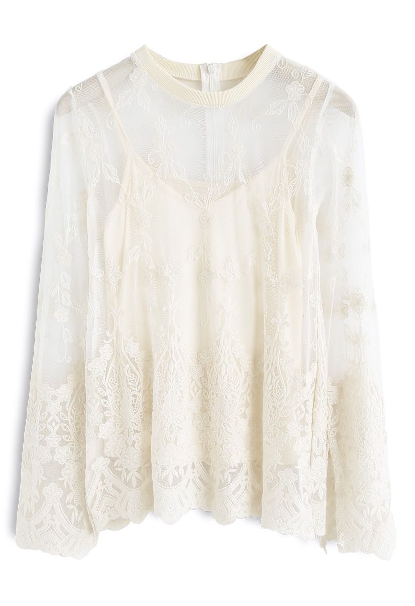Alluring Sheer Mesh Lace Top in Ivory