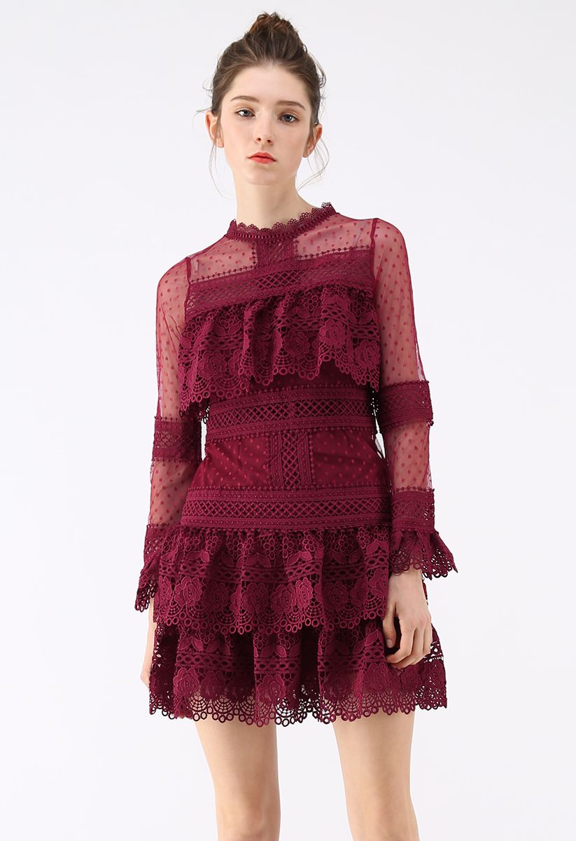 Sweet Destiny Tiered Crochet Mesh Dress in Wine - Retro, Indie and