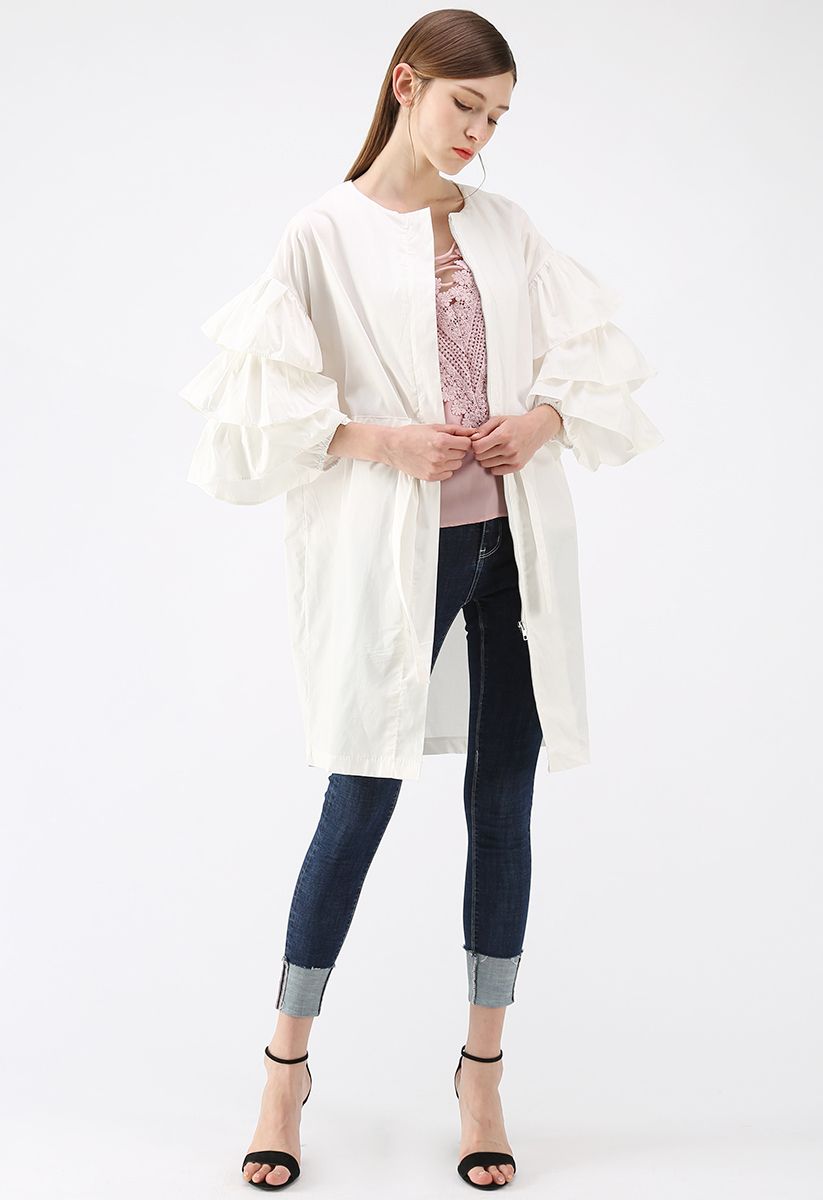 Beneath the Waves Tiered Ruffle Sleeves Coat Dress in White 