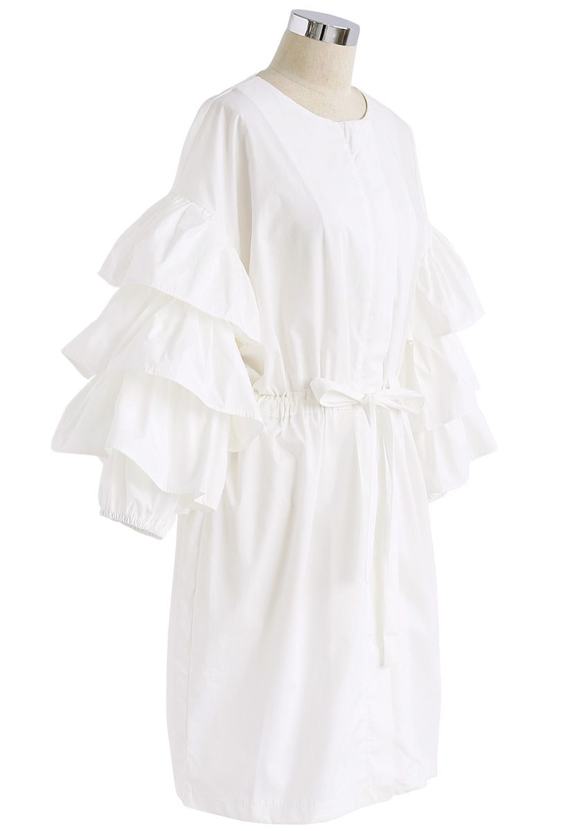 Beneath the Waves Tiered Ruffle Sleeves Coat Dress in White 