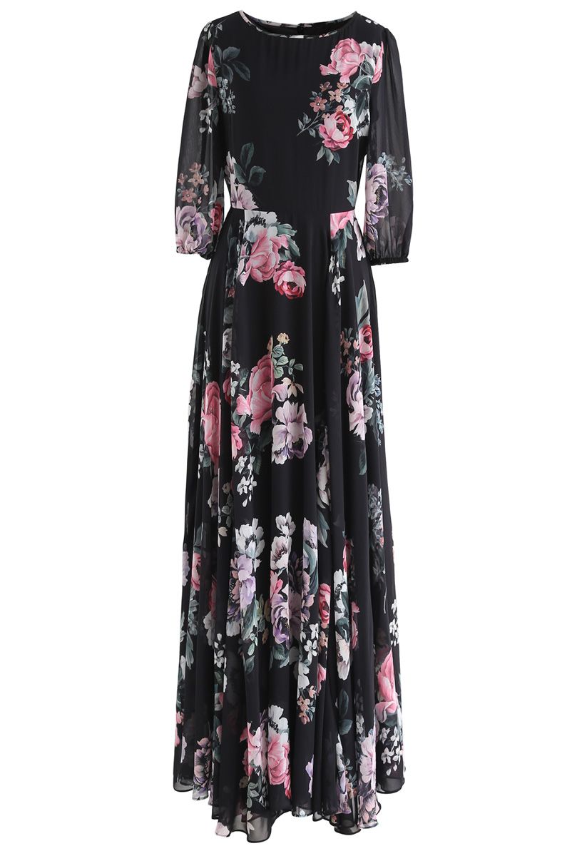Full Bloom Asymmetric Black Floral Printed Maxi Dress