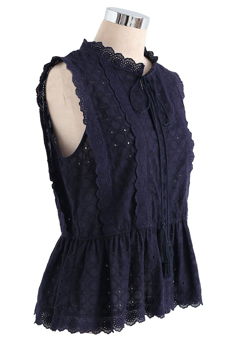 Sunflower Sleeveless Embroidered Top in Navy