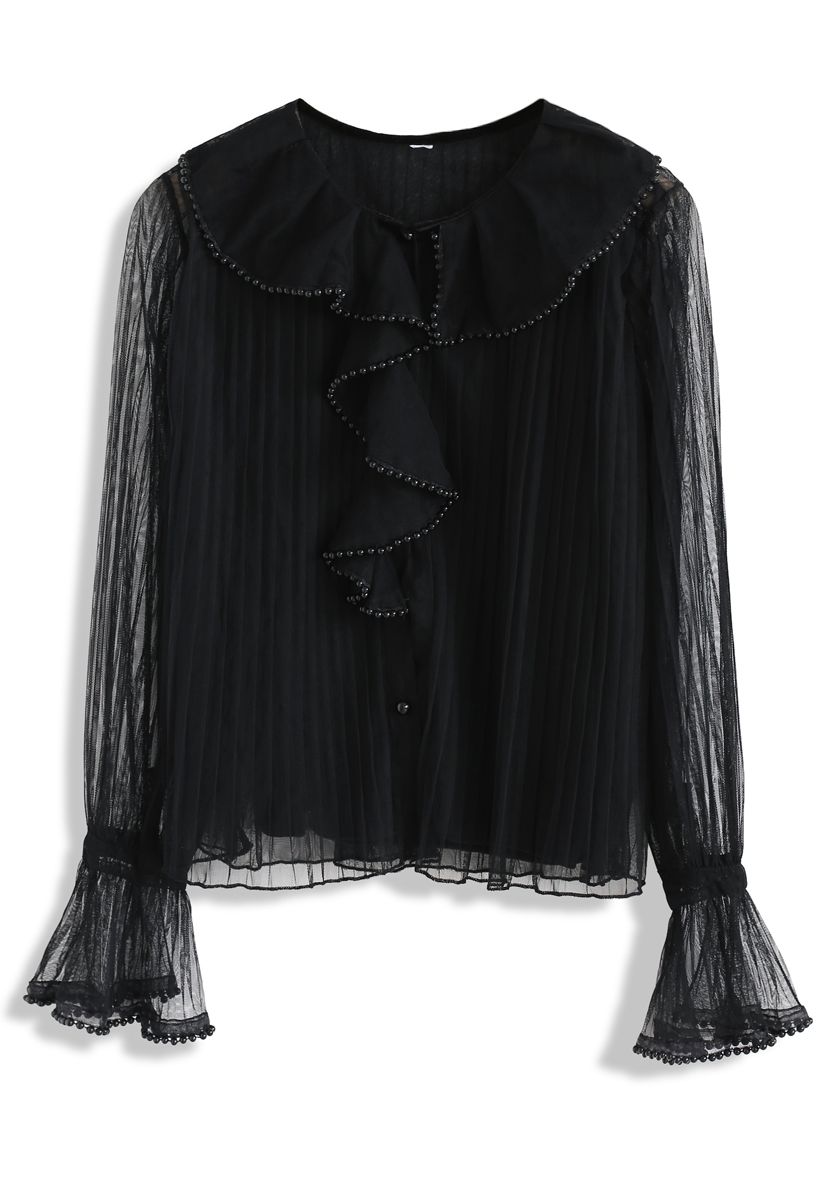 So Exquisite Pearls Ruffle Mesh Top in Black