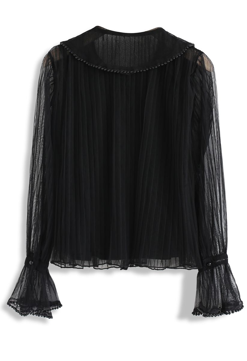 So Exquisite Pearls Ruffle Mesh Top in Black