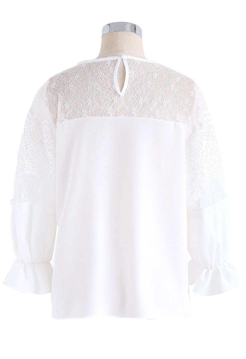 Pursuing The Romantic Lace Shoulder Chiffon Top in White 