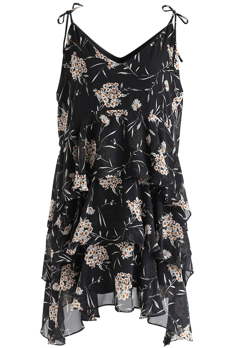 Your Own Flower Story Asymmetric Cami Dress in Black
