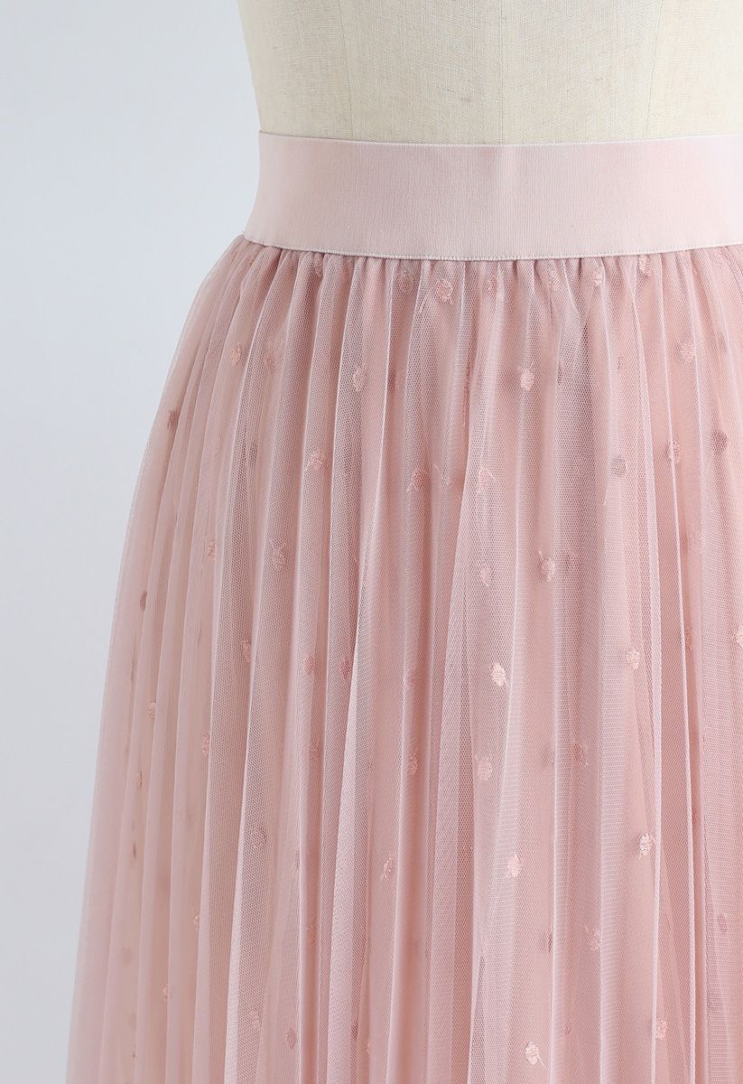 Treasure Me Embroidered  Polka Dots Tulle Mesh Skirt in Pink