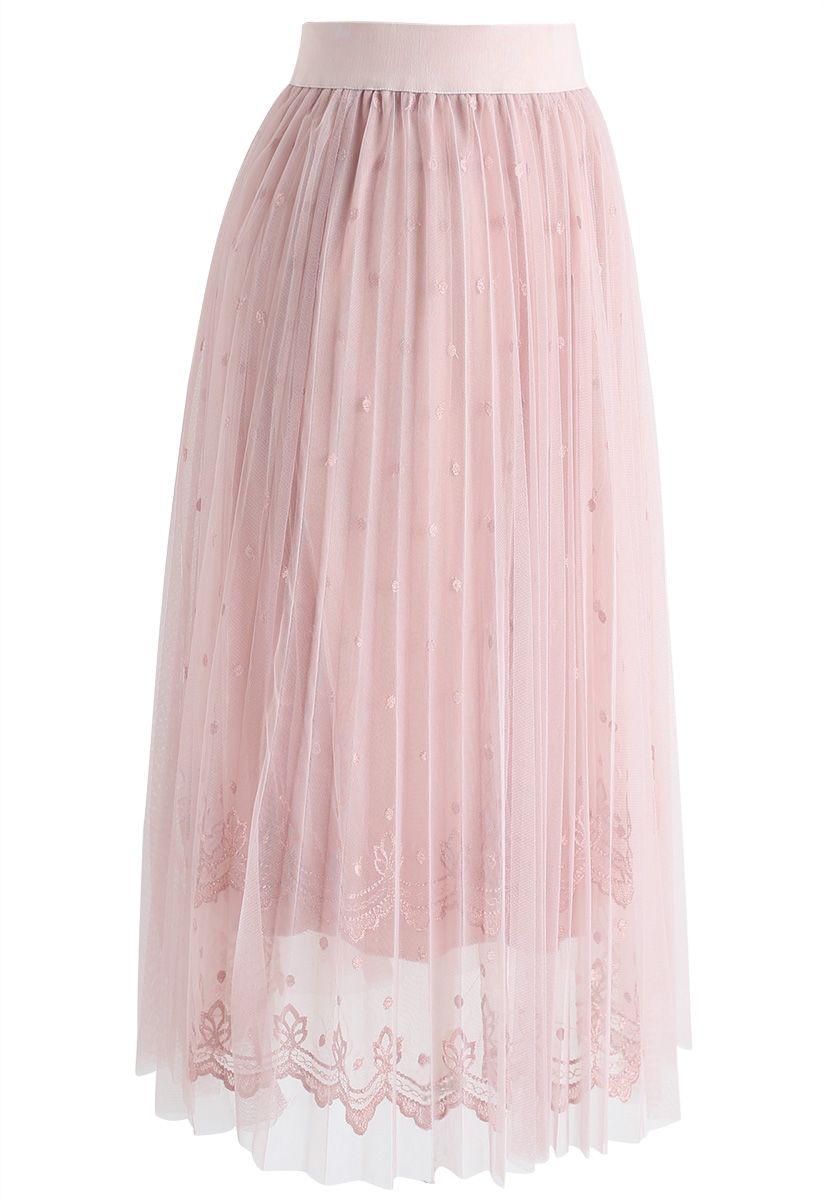 Treasure Me Embroidered  Polka Dots Tulle Mesh Skirt in Pink