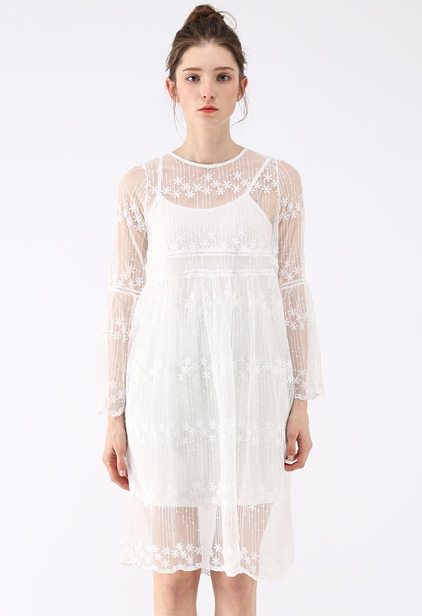 Take It Slow Flare Sleeves Mesh Embroidered Dress 