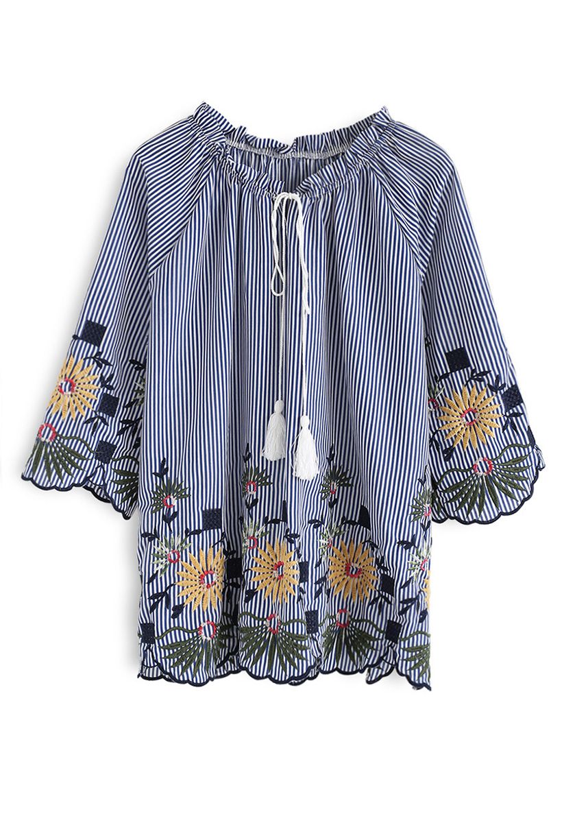 Daisy Around Embroidered Top in Blue Stripe