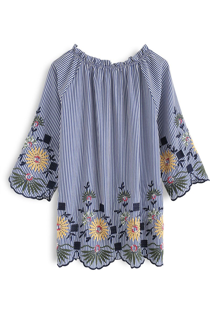 Daisy Around Embroidered Top in Blue Stripe