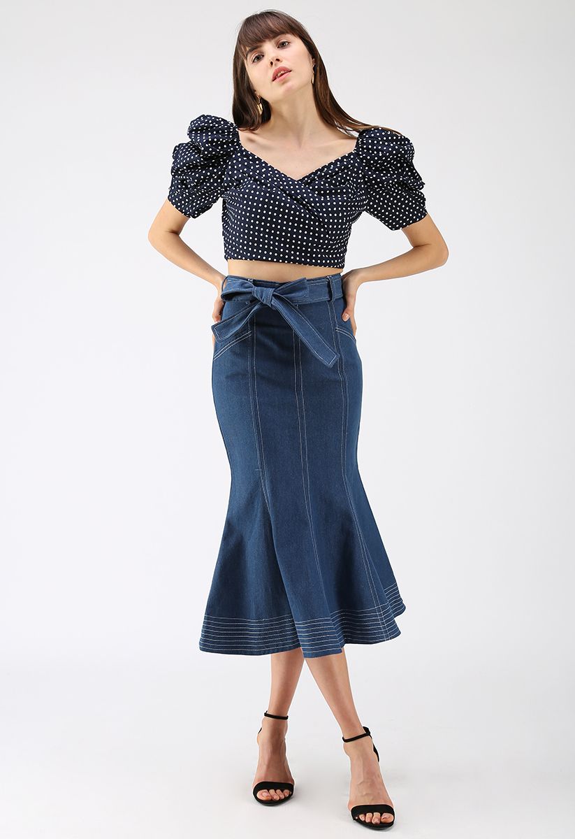 Fuzzy Feeling Puff Sleeves Wrapped Top in Navy Dots