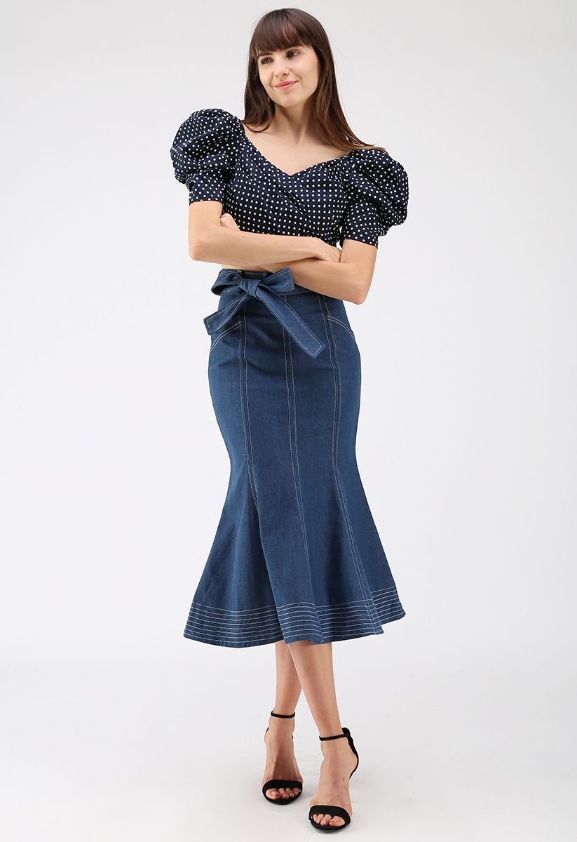 Fuzzy Feeling Puff Sleeves Wrapped Top in Navy Dots