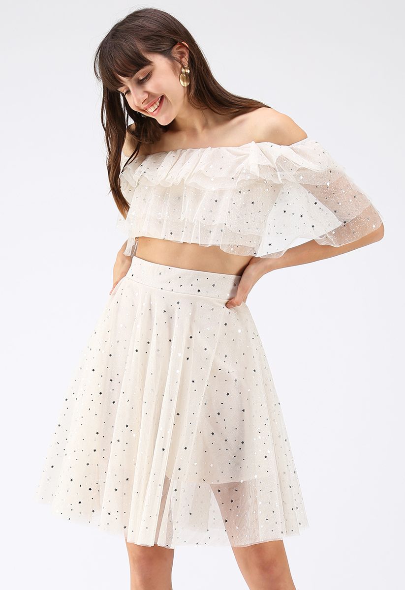 Sparkle Tonight Tiered Mesh Cropped Top and Skirt Set in Cream