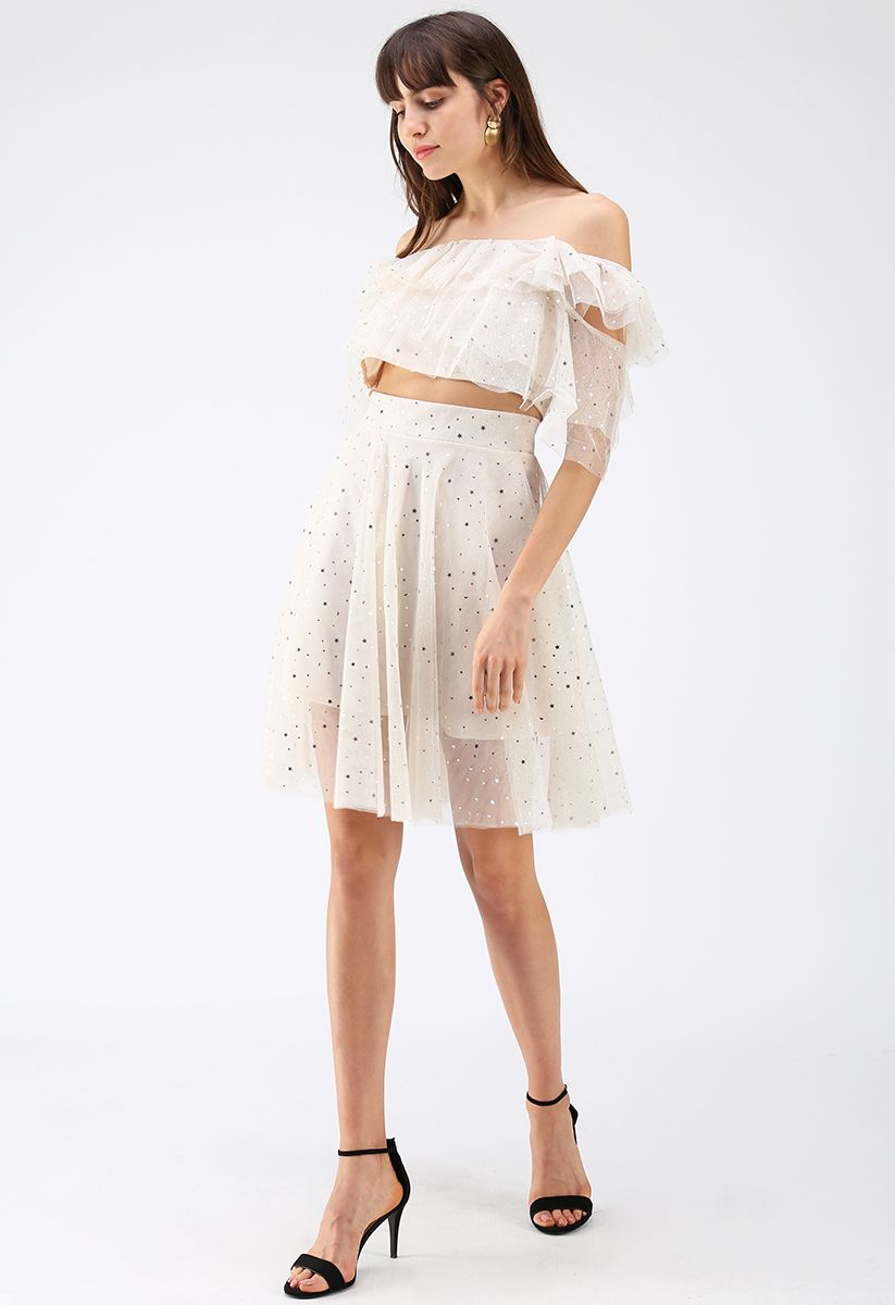 Sparkle Tonight Tiered Mesh Cropped Top and Skirt Set in Cream