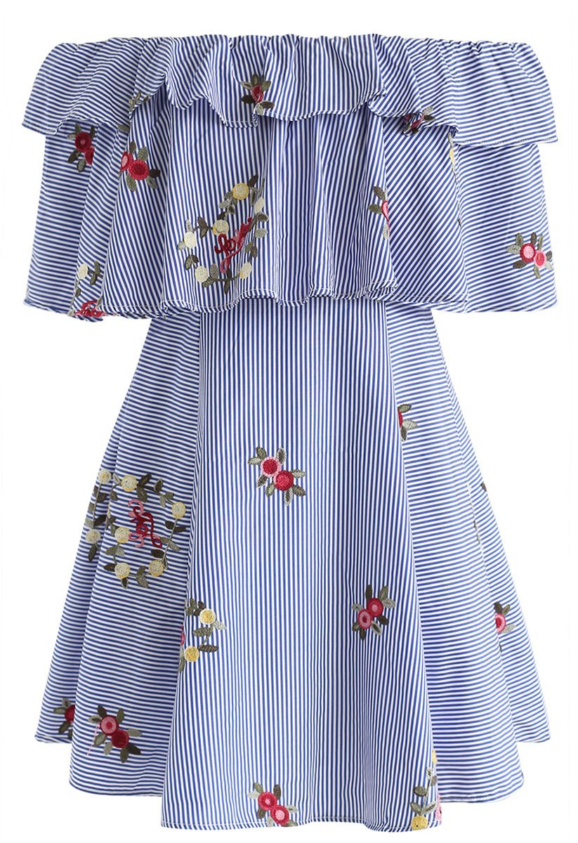 Heart to Love Embroidered Striped Off-Shoulder Dress in Blue