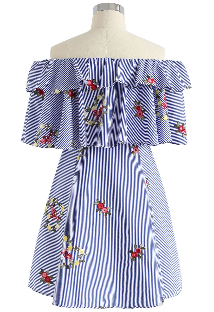 Heart to Love Embroidered Striped Off-Shoulder Dress in Blue