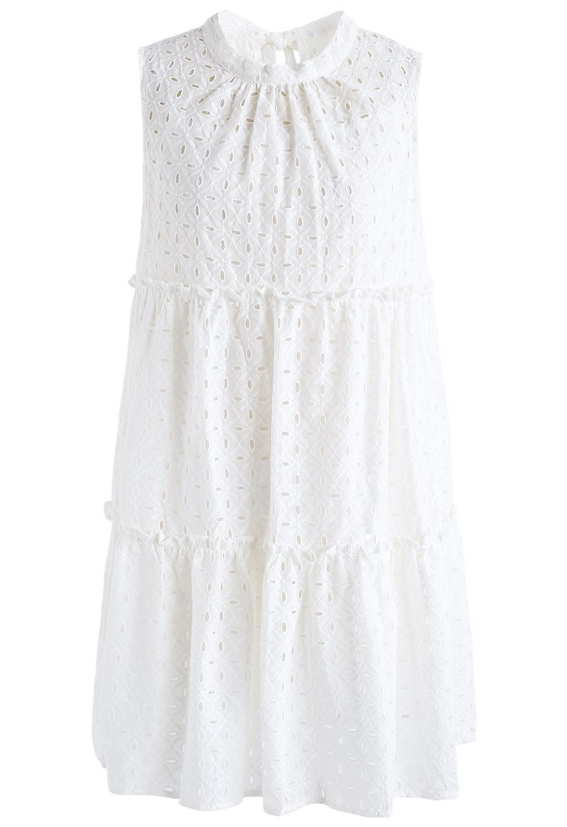 Eyelet Scintilla Embroidered Sleeveless Dress in White
