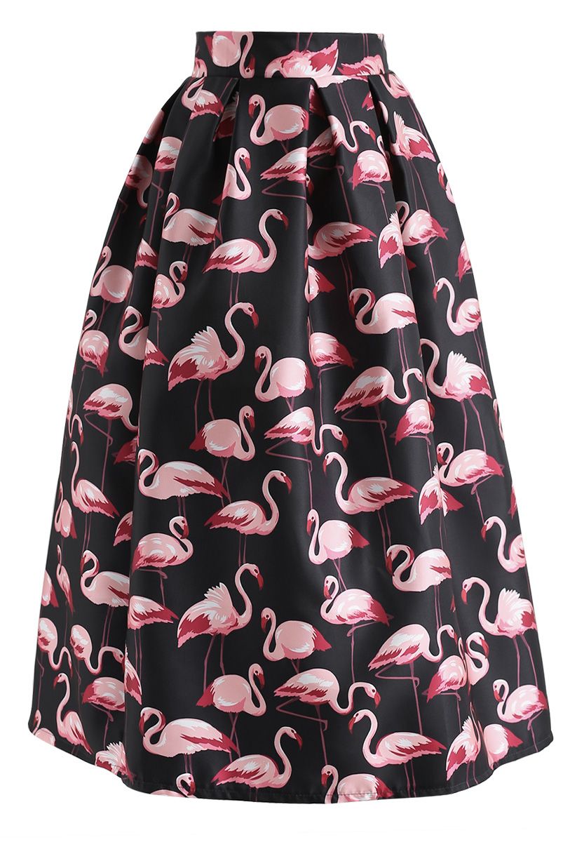 Pink Flamingo Printed Midi Skirt in Black