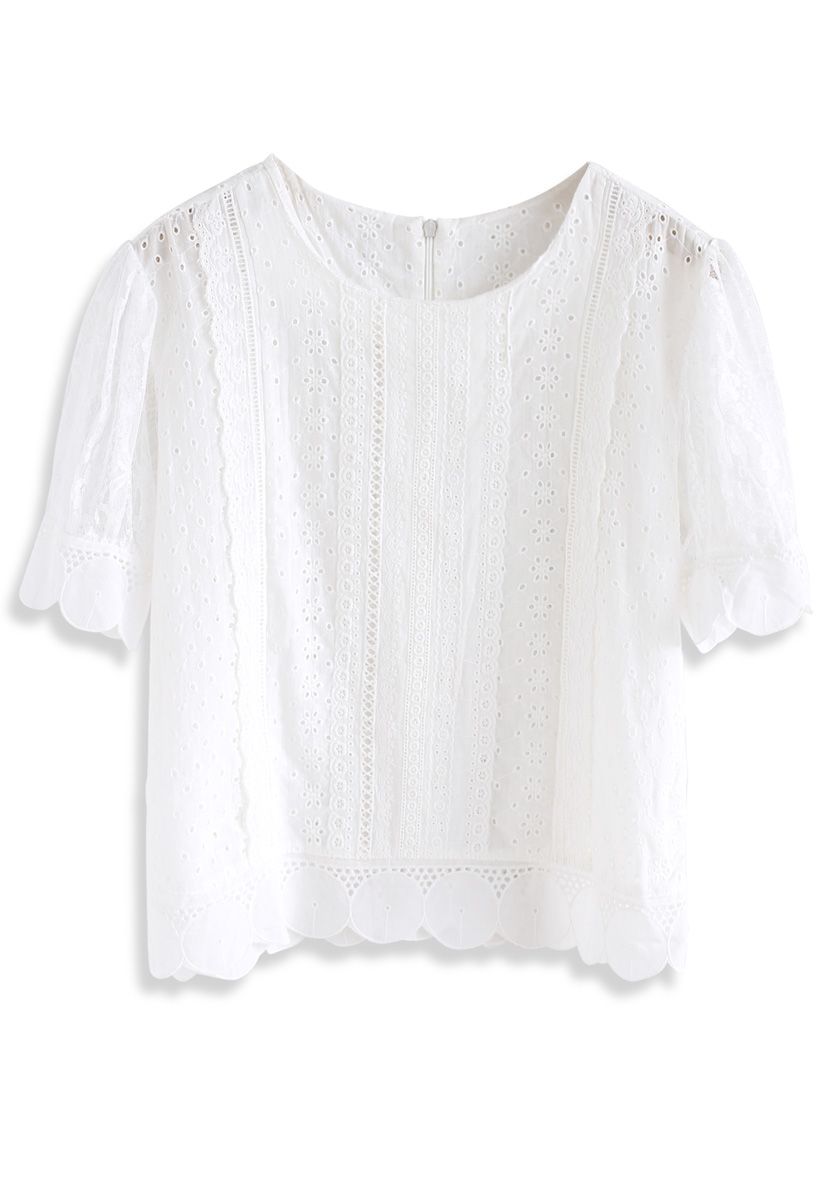 Filled with Eyelet Embroidered Top in White